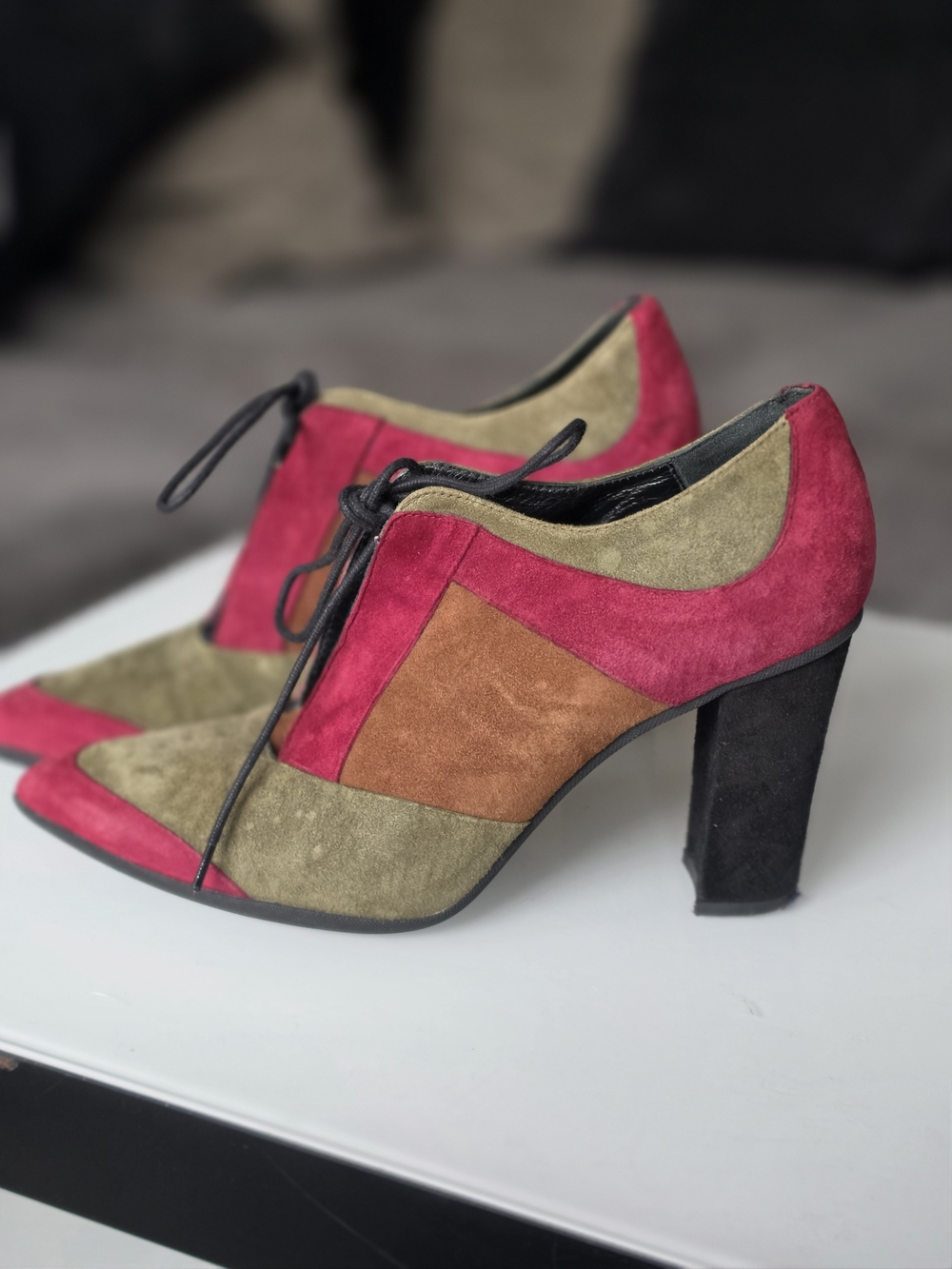 Prada Suede Colorblock Lace-Up Heels in Fuchsia, Olive & Chestnut - Picture 2 of 7
